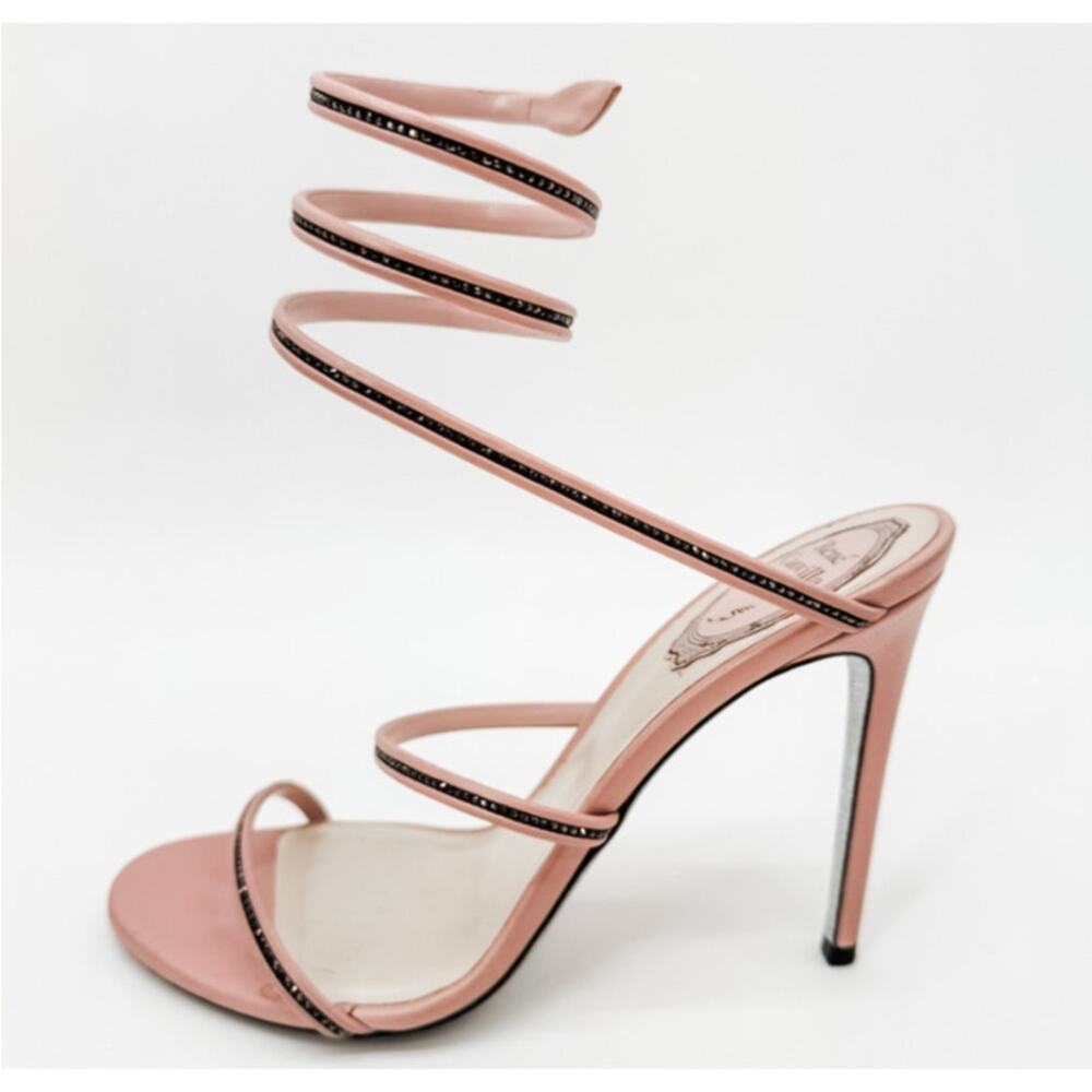 Rene Caovilla Heels Wrap Crystal 38.5 Pink High Sandals Embellished Box Beaded